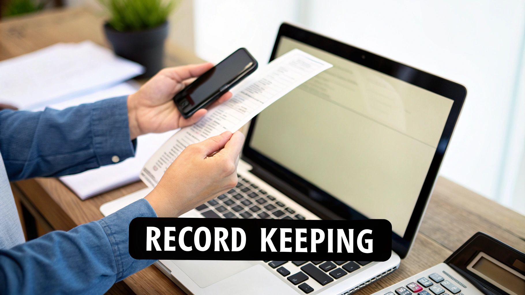 A neatly organised desk with digital receipts on a tablet and paper receipts in a folder