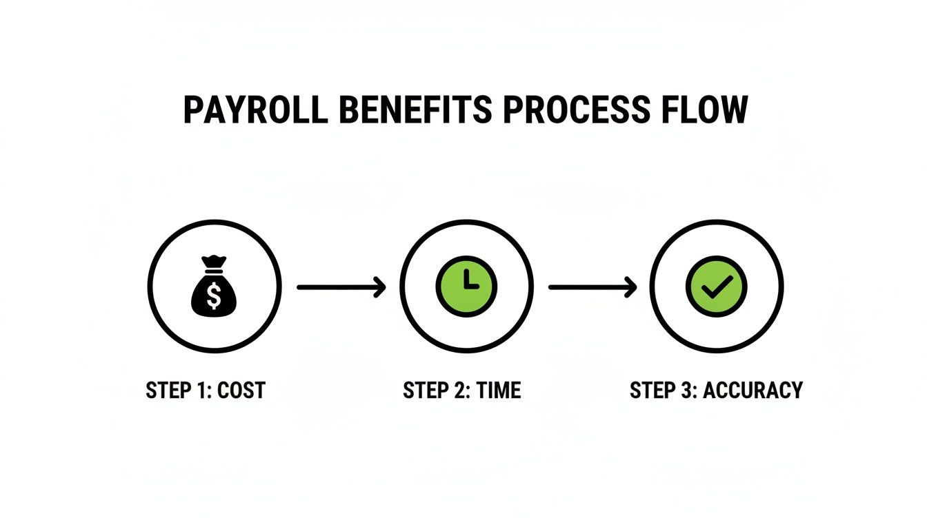 A diagram illustrating the payroll benefits process flow, emphasizing cost, time, and accuracy as key steps.