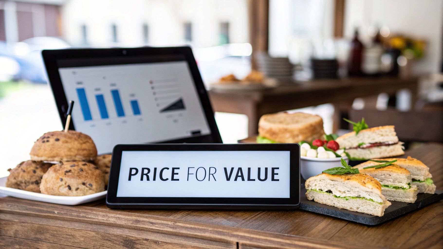 A tablet displays 'PRICE FOR VALUE' on a wooden table with sandwiches, bread, and a laptop showing charts.