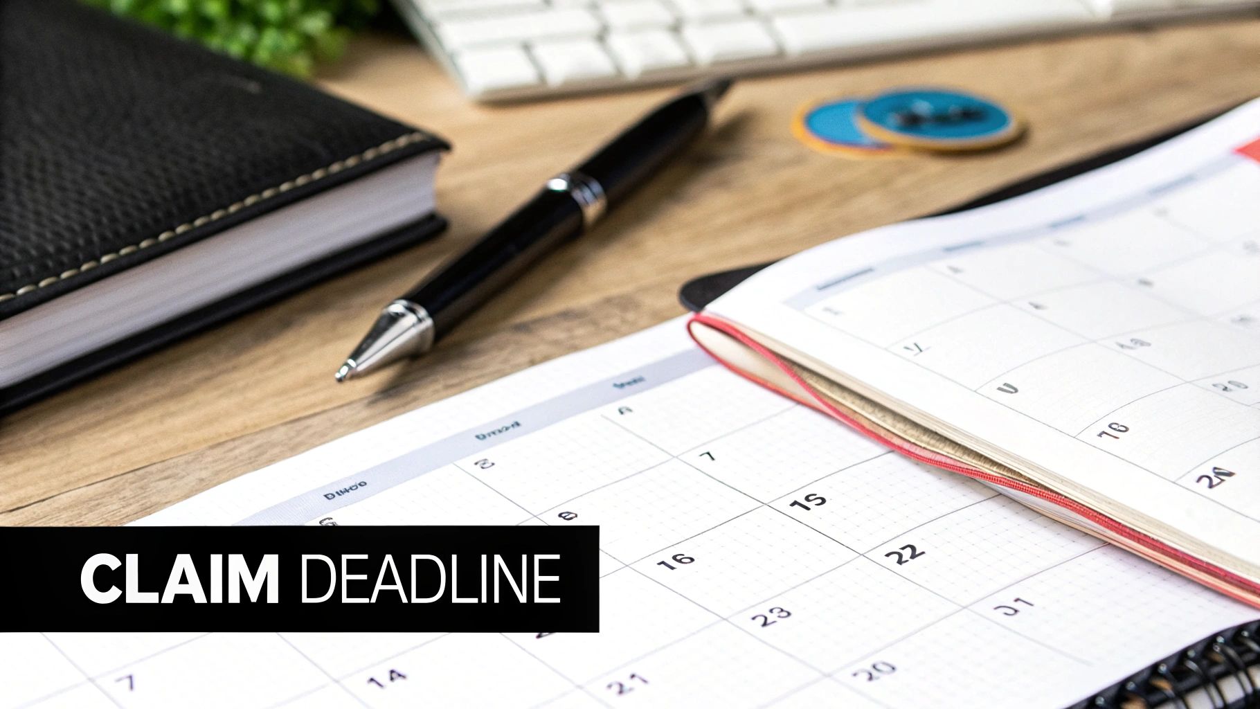 A close-up of a calendar, pen, and notebook on a wooden desk with a 'CLAIM DEADLINE' overlay.