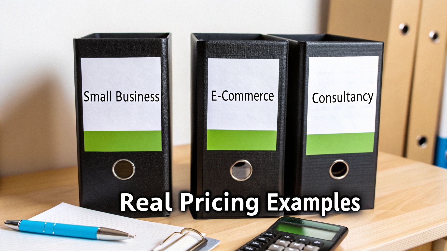 Three binders labeled Small Business, E-Commerce, Consultancy with 'Real Pricing Examples' text on a desk.