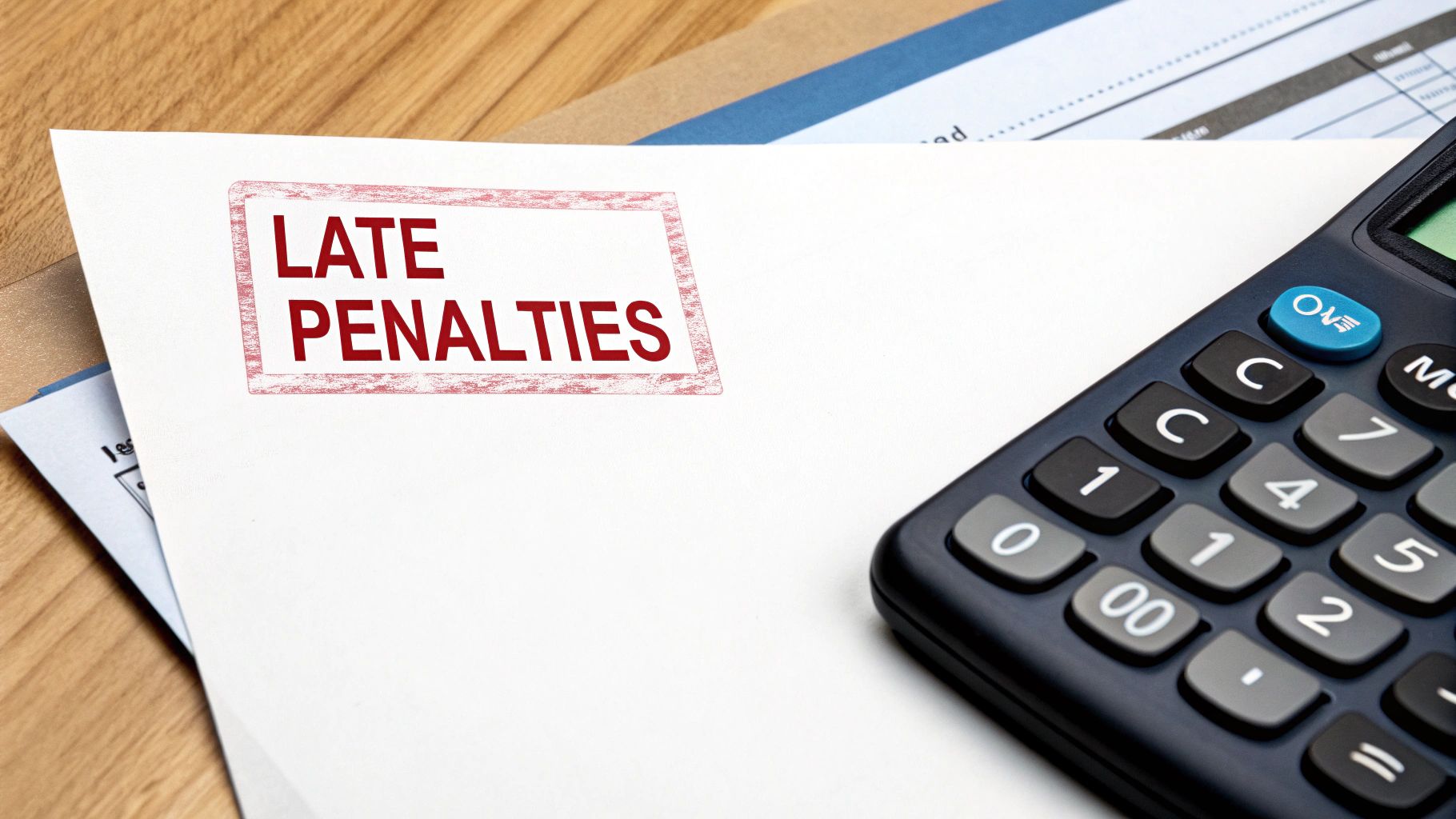 A document stamped with 'LATE PENALTIES' in red, placed next to a black calculator.