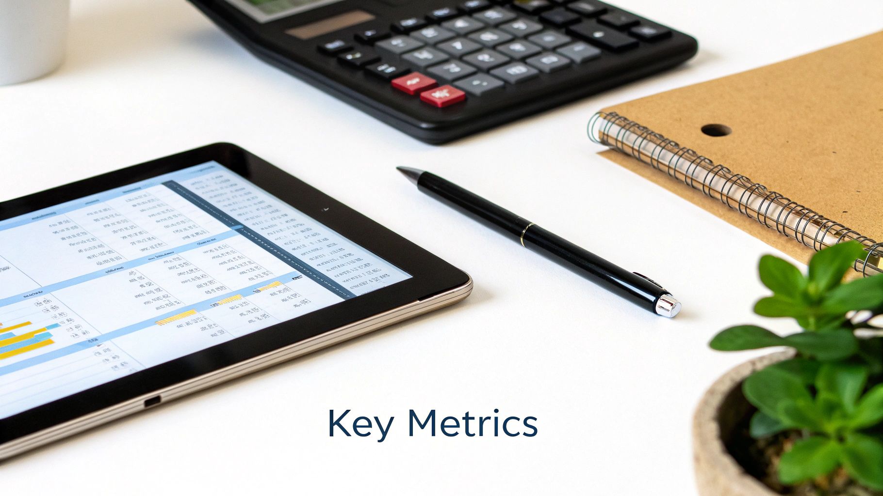 Workspace with a tablet displaying financial data and 'Key Metrics' text, alongside a calculator and pen.
