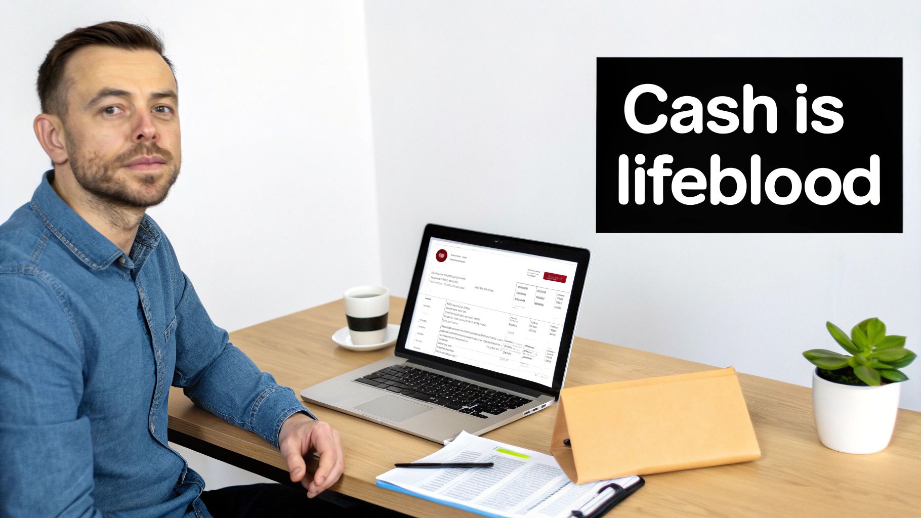 A man works at a desk with a laptop displaying financial data and a 'Cash is lifeblood' sign.