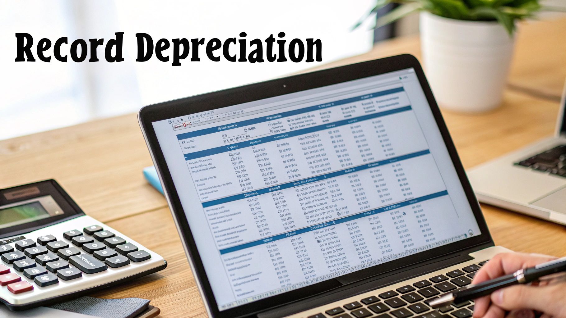 A close-up of a ledger book with columns for debits and credits, a pen resting on the open page.