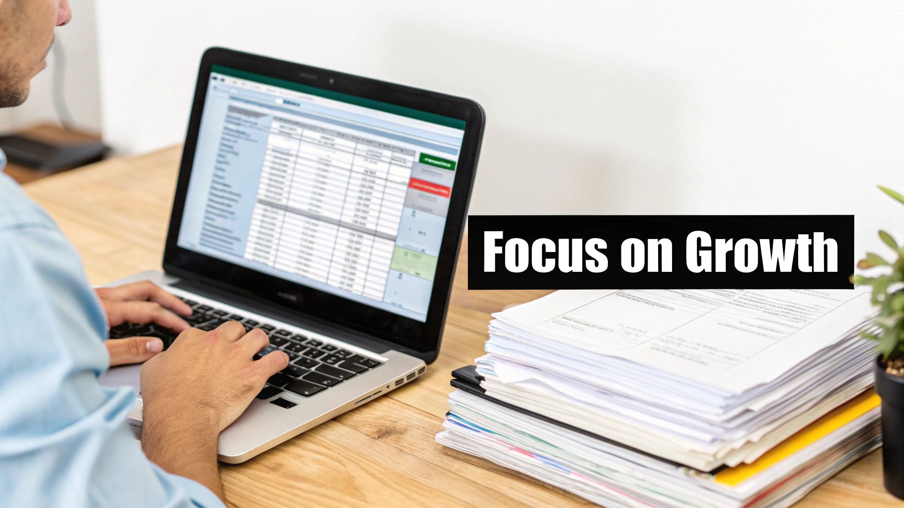 Man typing on a laptop displaying data, with a stack of papers and a 'Focus on Growth' banner.