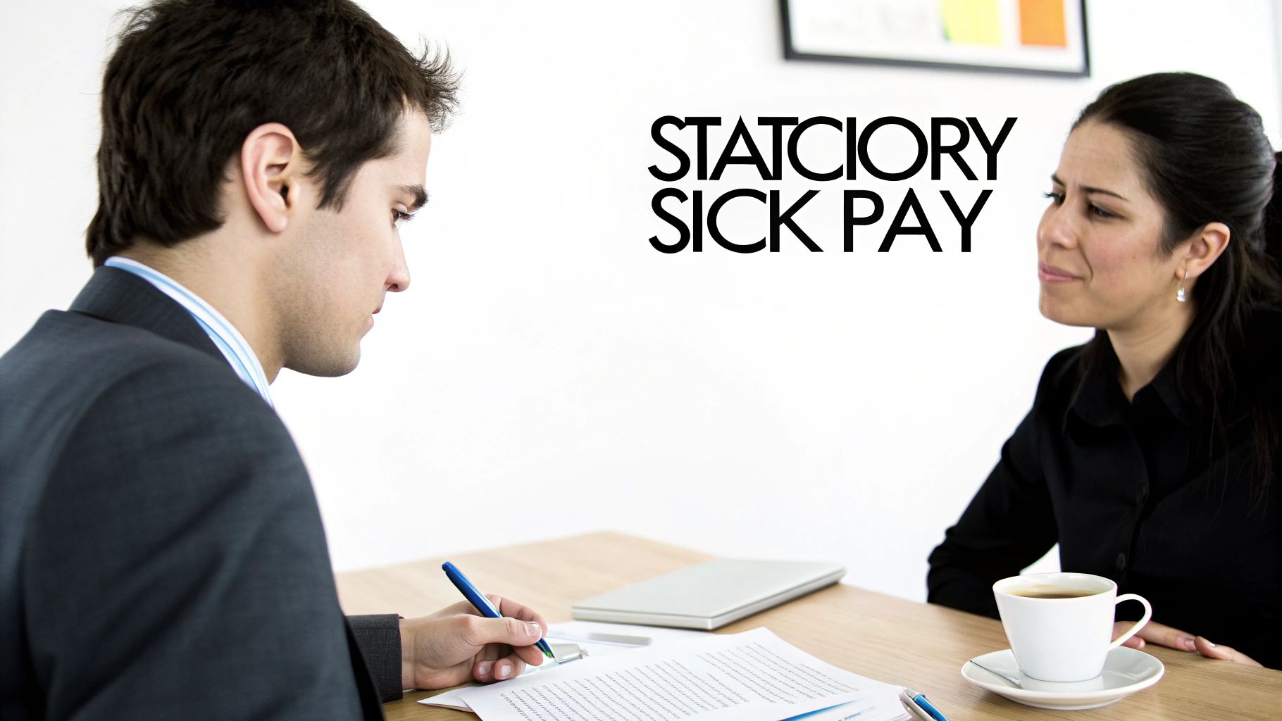 Two individuals, a man and a woman, at a table discussing statutory sick pay with documents.