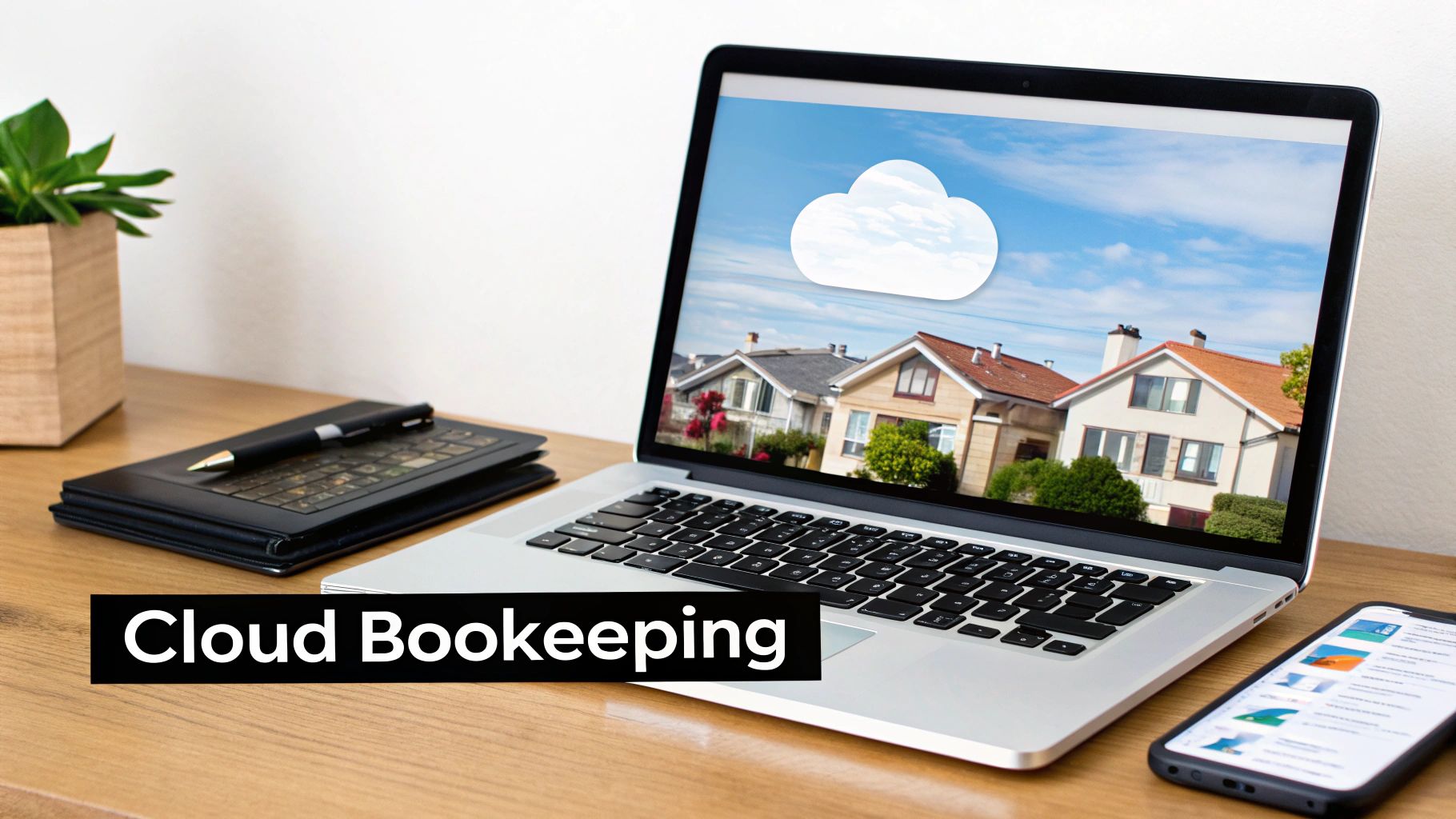 A laptop displays a cloud icon over houses, with a notebook, pen, and smartphone on a desk. Text: Cloud Bookkeeping.