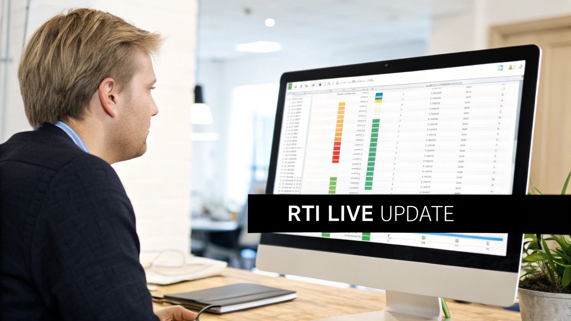 Professional businessman reviewing real-time payroll data and tax information on computer monitor in modern office