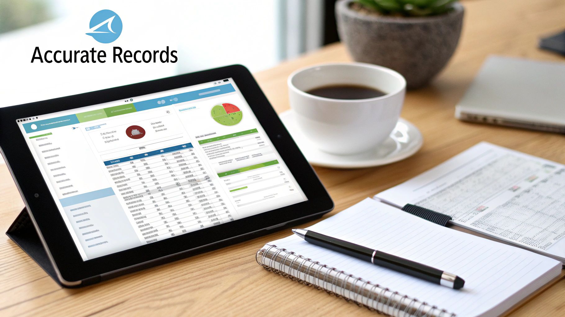 Modern workspace with a tablet displaying accurate business records, coffee, and a notebook.