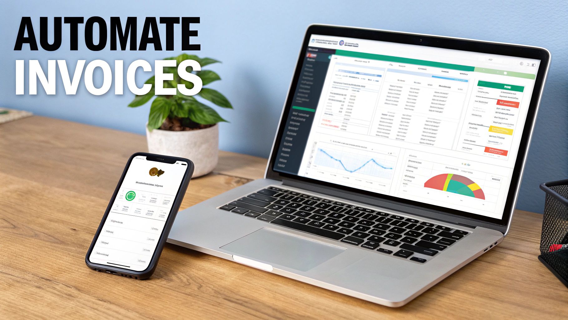 Laptop and smartphone displaying financial dashboards for automating invoices on a wooden desk.