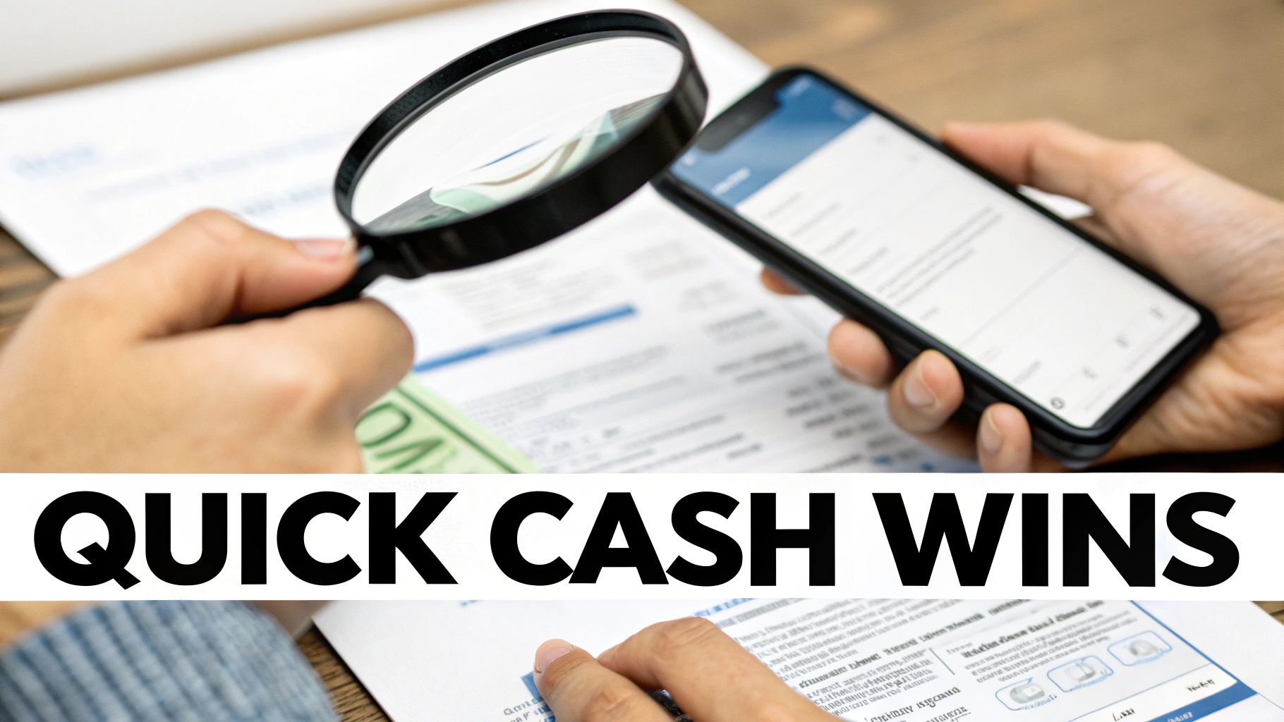 Hands reviewing financial documents and money with a magnifying glass, while also holding a smartphone.