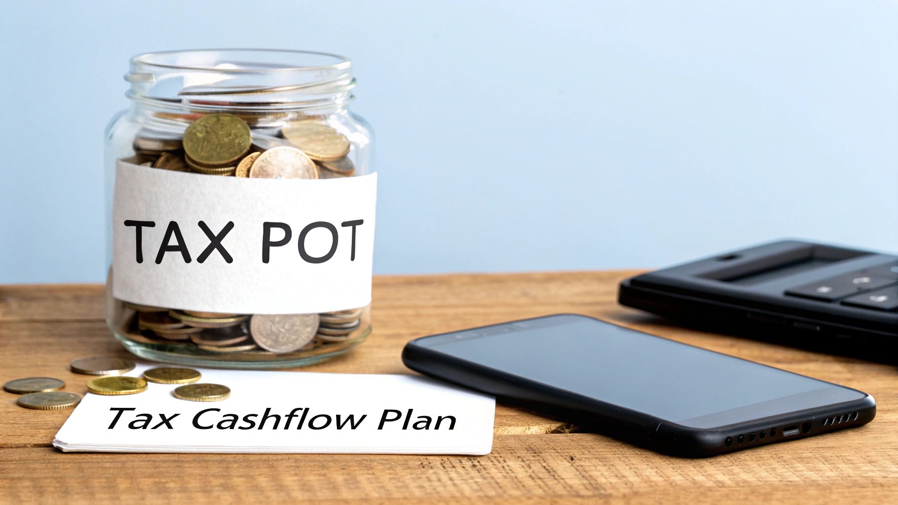 A glass jar filled with coins labeled 'TAX POT' next to a 'Tax Cashflow Plan' document, phone, and calculator on a wooden table.