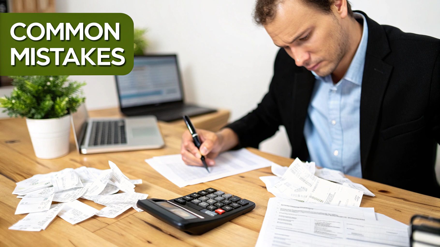 A man in a suit jacket calculates expenses with a pen, calculator, and many receipts on a wooden desk, labeled "COMMON MISTAKES".