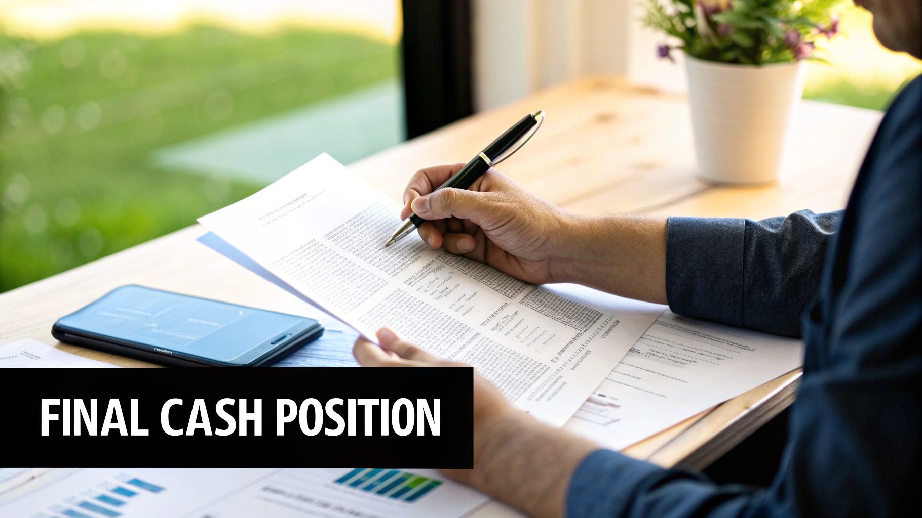 A person reviews a financial document with a pen, a smartphone, and the text 'FINAL CASH POSITION'.