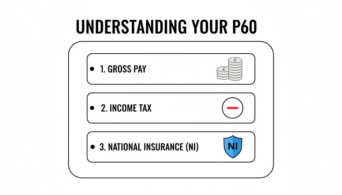 Infographic explaining P60 components: gross pay, income tax, and National Insurance with icons.