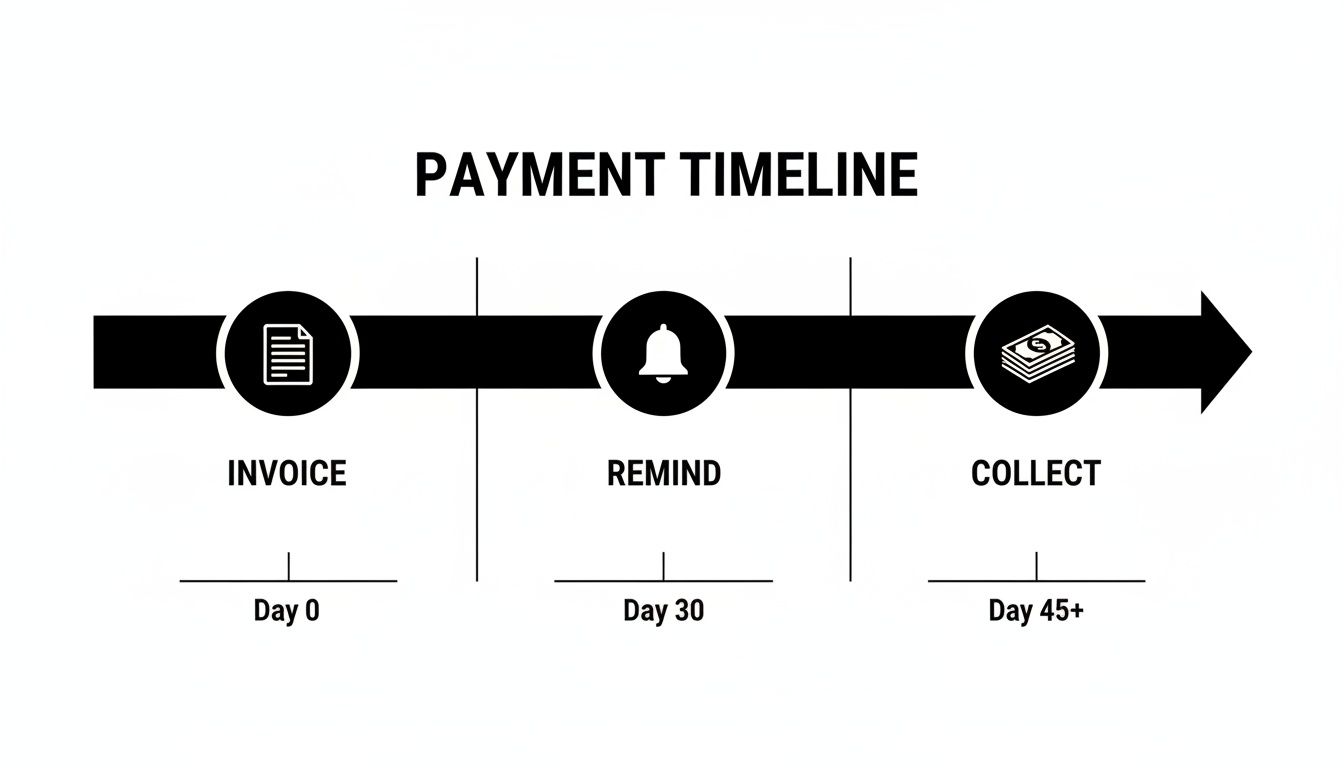 A payment timeline infographic showing three stages: Invoice (Day 0), Remind (Day 30), and Collect (Day 45+).