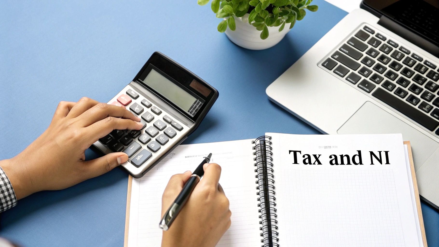 An image showing a calculator, tax forms, and pound sterling notes, representing tax calculations.