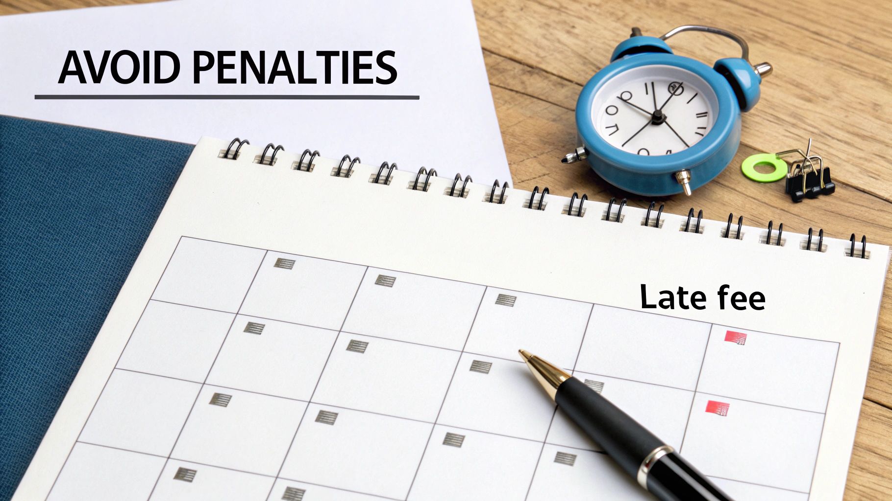 A calendar, pen, and alarm clock with a note 'AVOID PENALTIES' and 'Late fee' reminders.