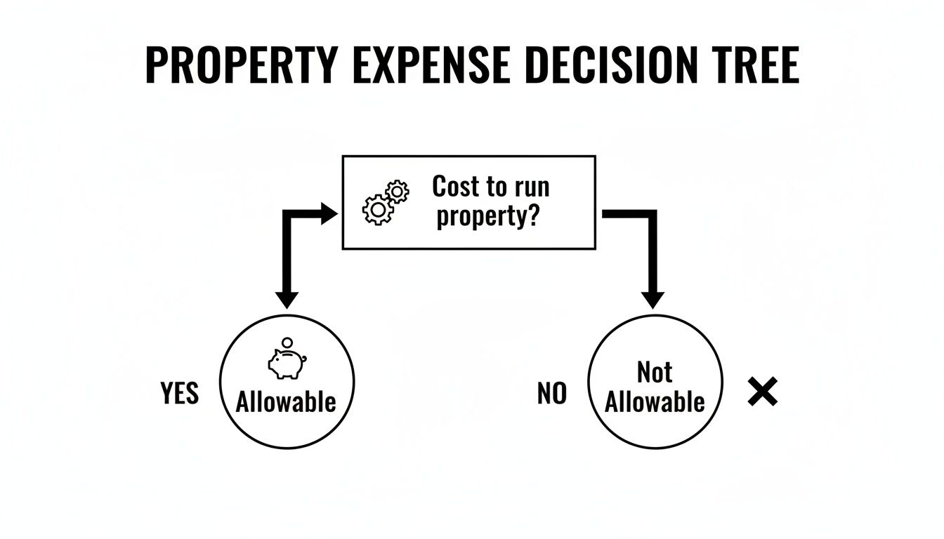 Decision tree for property expenses, asking 'Cost to run property?', leading to 'Allowable' or 'Not Allowable'.