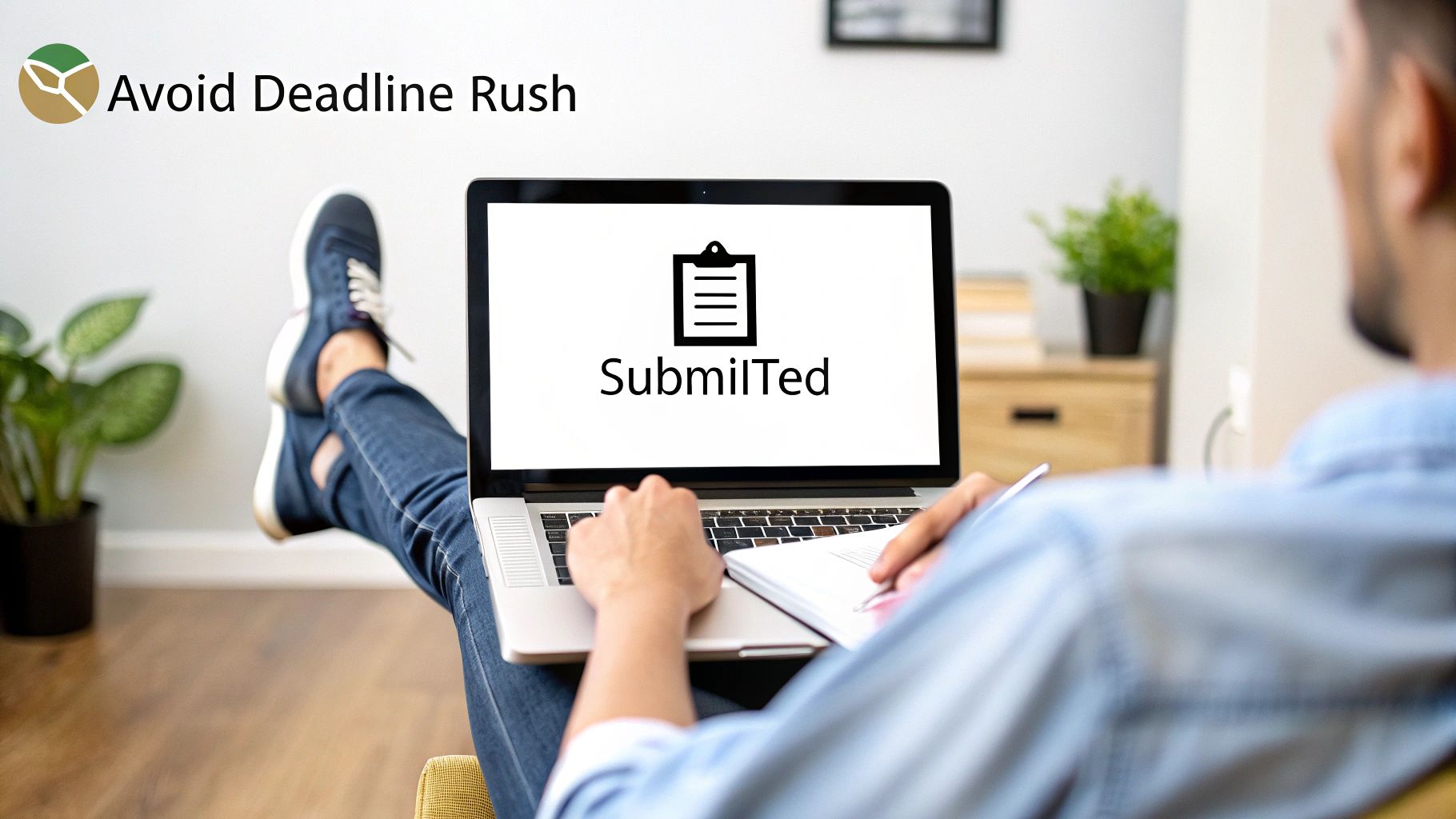 A person relaxing on a couch, successfully submitting a task on a laptop, avoiding deadline stress.