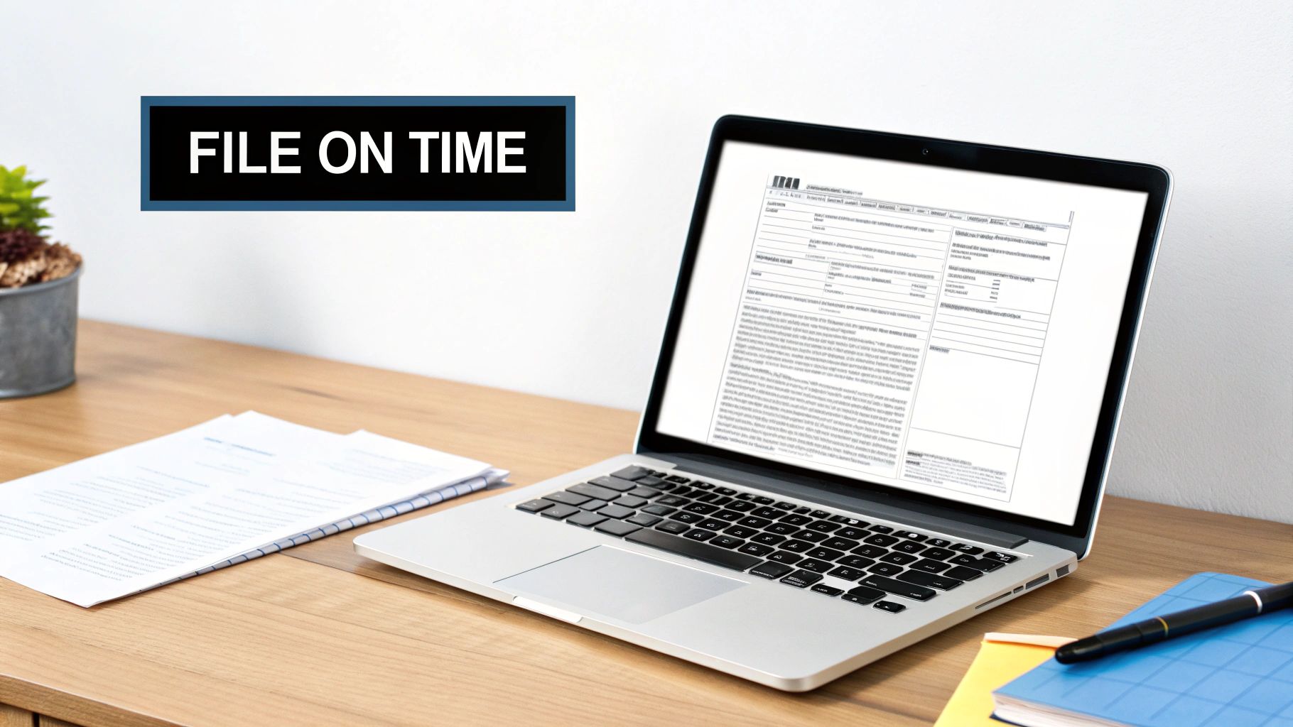 A laptop on a wooden desk displaying a document, with papers, a plant, and a 'FILE ON TIME' sign.