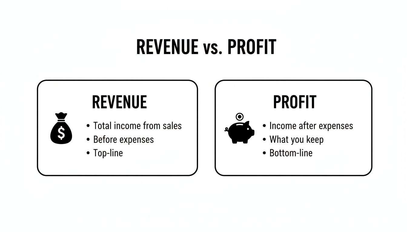 An infographic contrasting revenue and profit, detailing definitions and key financial terms.
