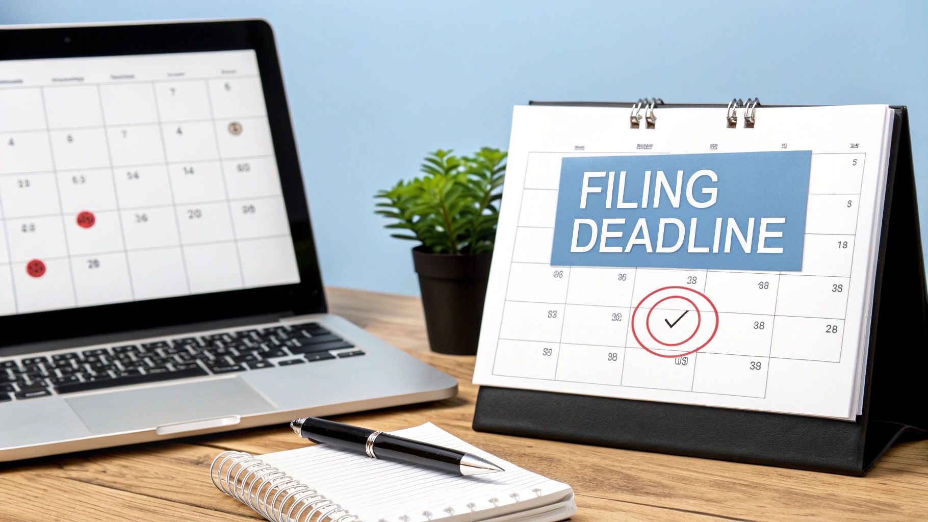 A desk with a laptop, a 'Filing Deadline' calendar, a notebook, and a pen, emphasizing important dates.