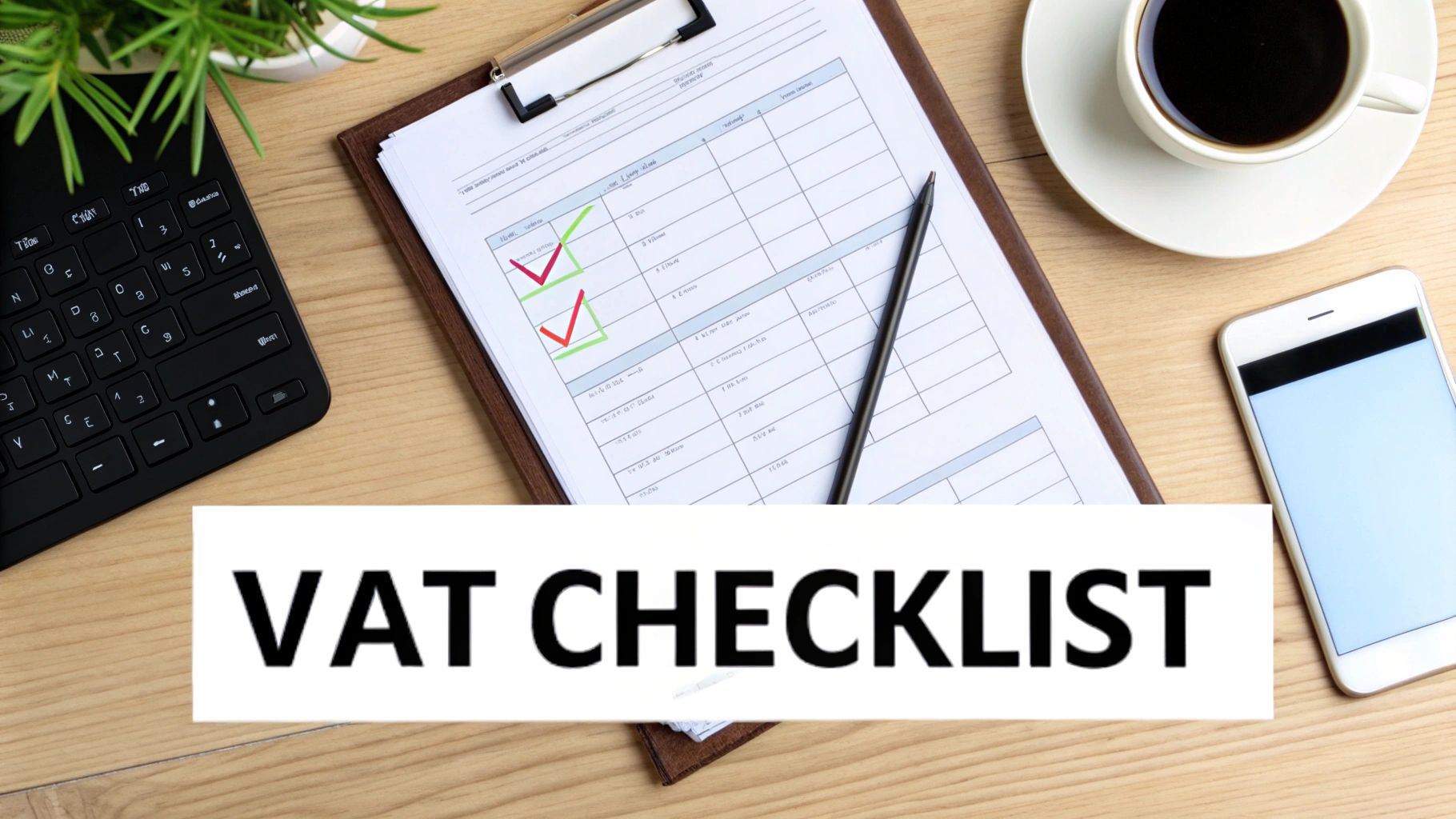 A flat lay of a desk with a VAT checklist document, keyboard, coffee, phone, and plant.
