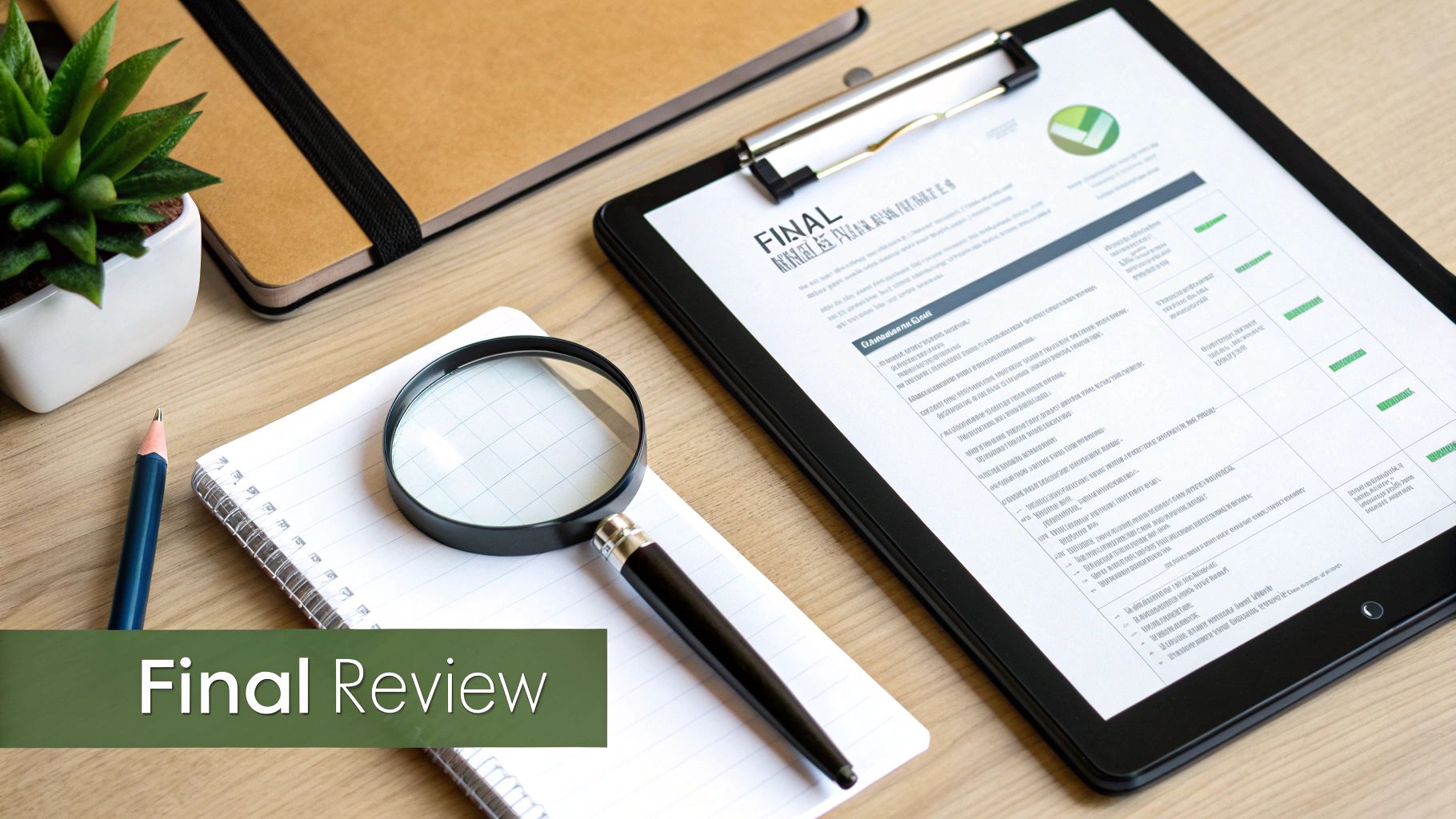A flat lay shows a document on a clipboard titled 'Final Review', a magnifying glass, notepad, pencil, and plant on a wooden desk.