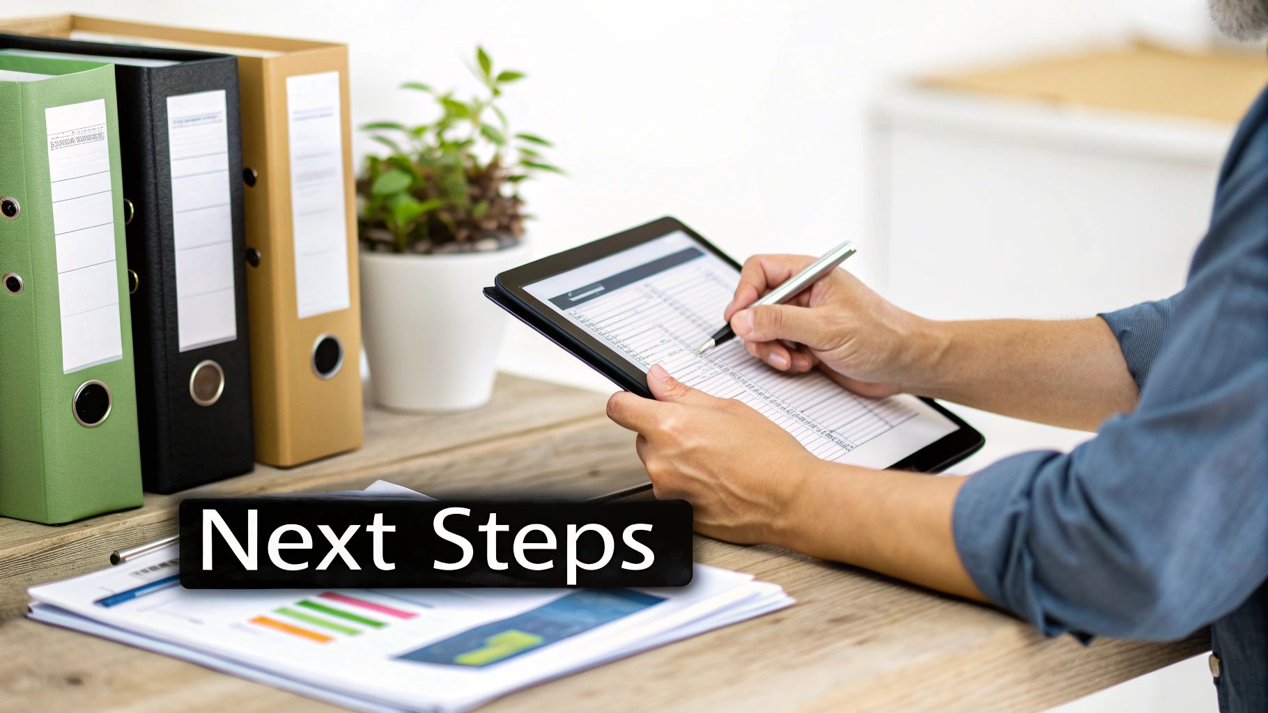 A business owner organising invoices and receipts at a desk, signifying VAT compliance.