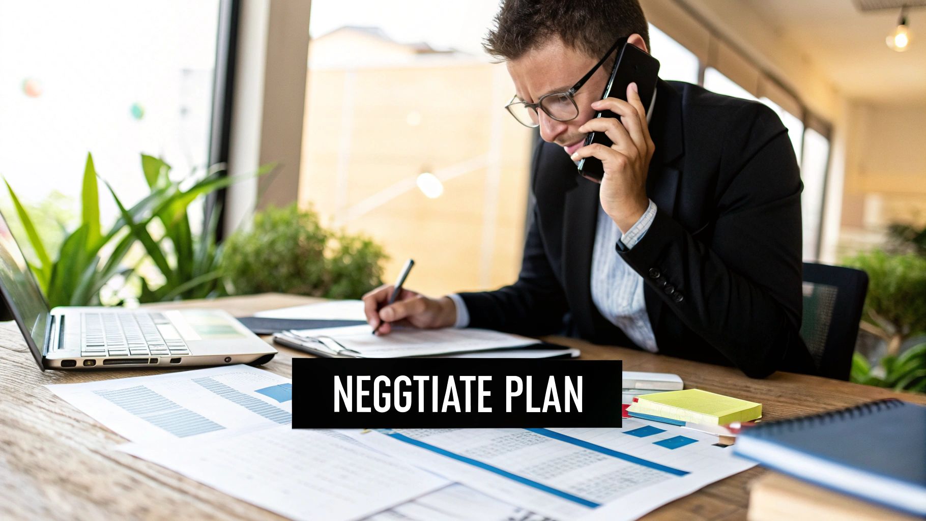 A person sitting at a desk with a laptop and phone, preparing to negotiate a payment plan.