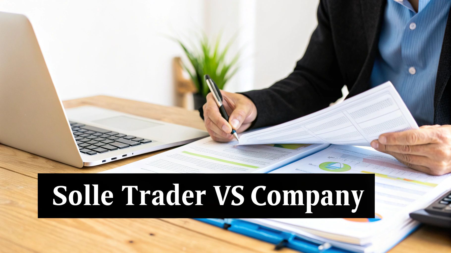 An entrepreneur sitting at a desk, weighing options on a laptop, symbolising the choice between sole trader and limited company.