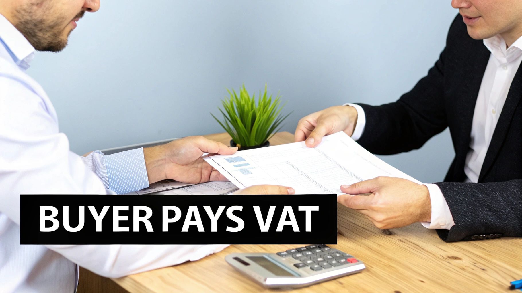 Two businessmen reviewing tax documents at a desk with a calculator and a plant, text reads 'BUYER PAYS VAT'.