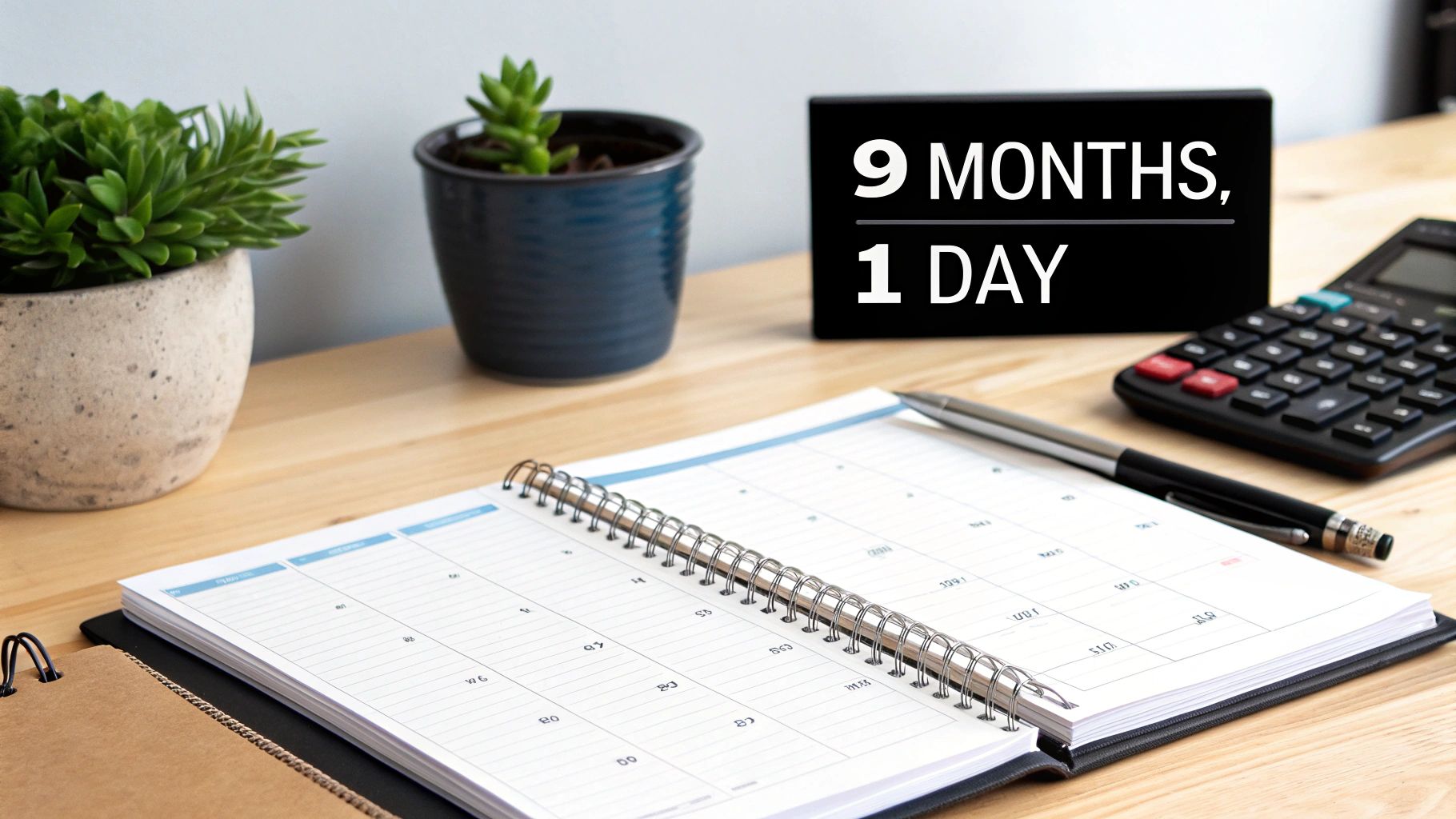 A desk with an open planner, pen, calculator, two potted plants, and a sign displaying '9 MONTHS, 1 DAY'.