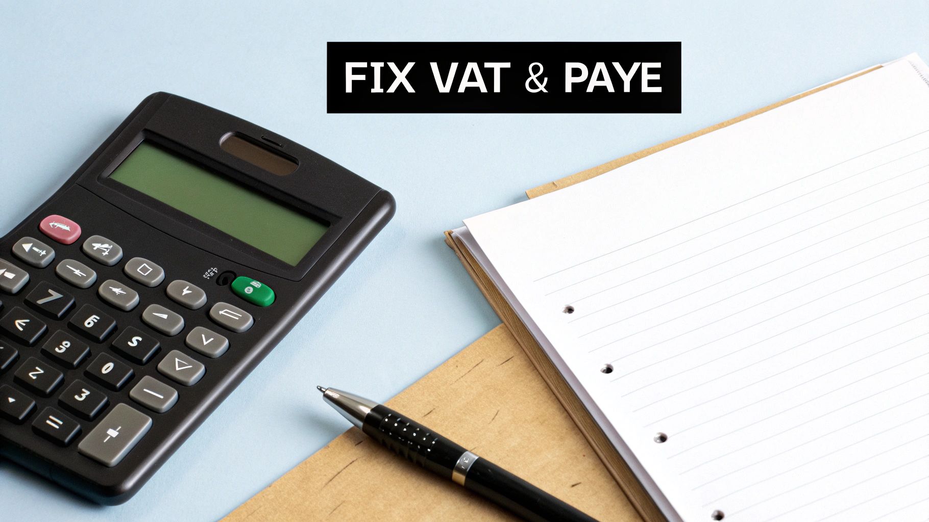 A calculator, pen, and notepad on a light blue surface with text 'FIX VAT & PAYE'.