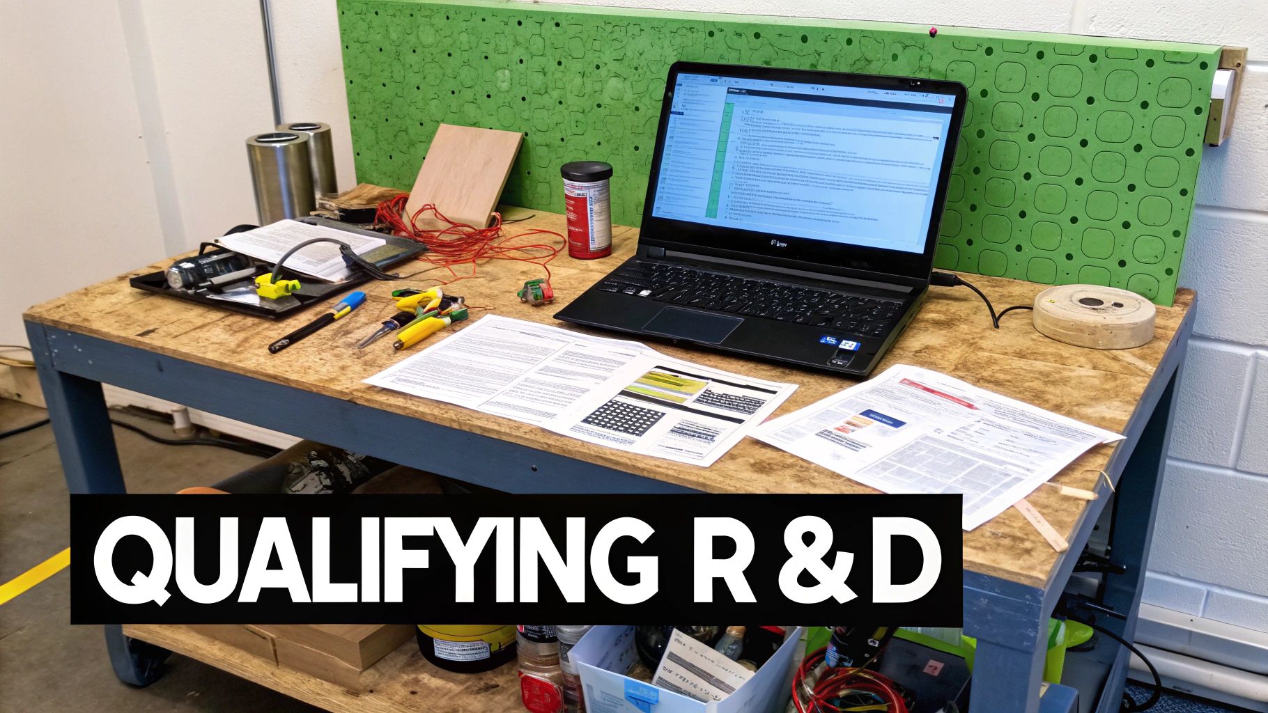 A research and development workbench with a laptop, documents, tools, and wires, highlighting R&D activities.