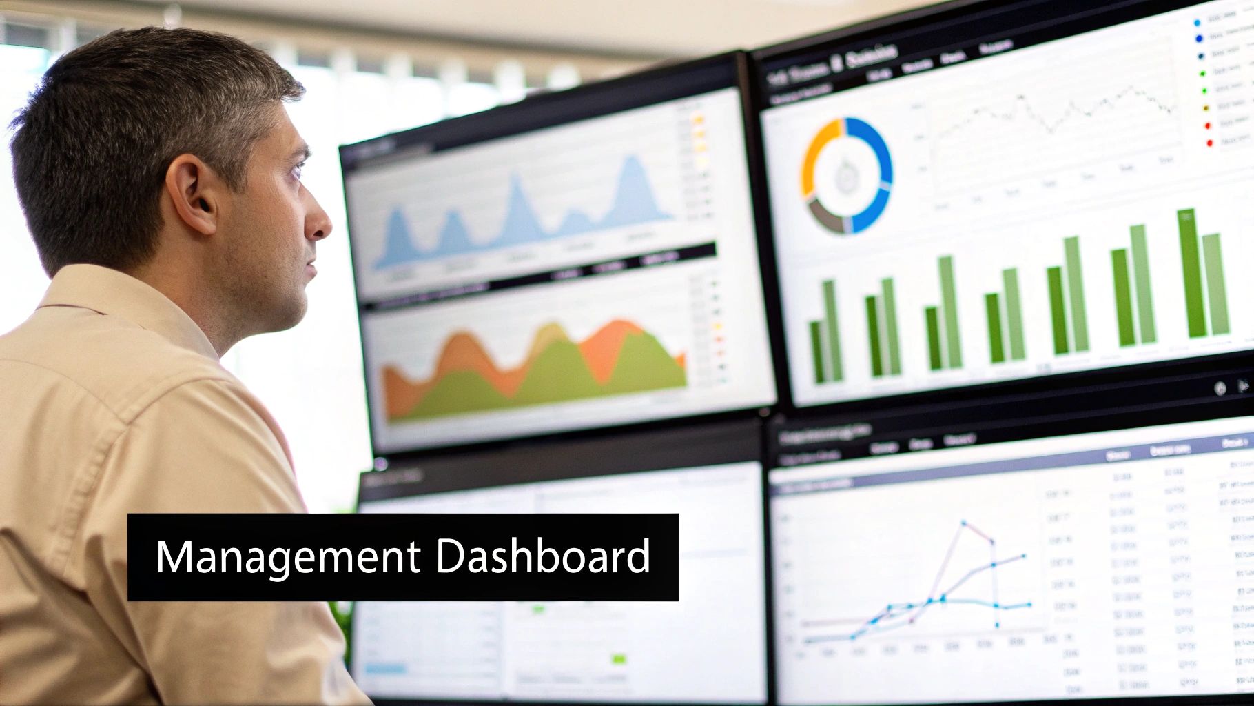 A person analysing management reports on a laptop with charts and graphs.