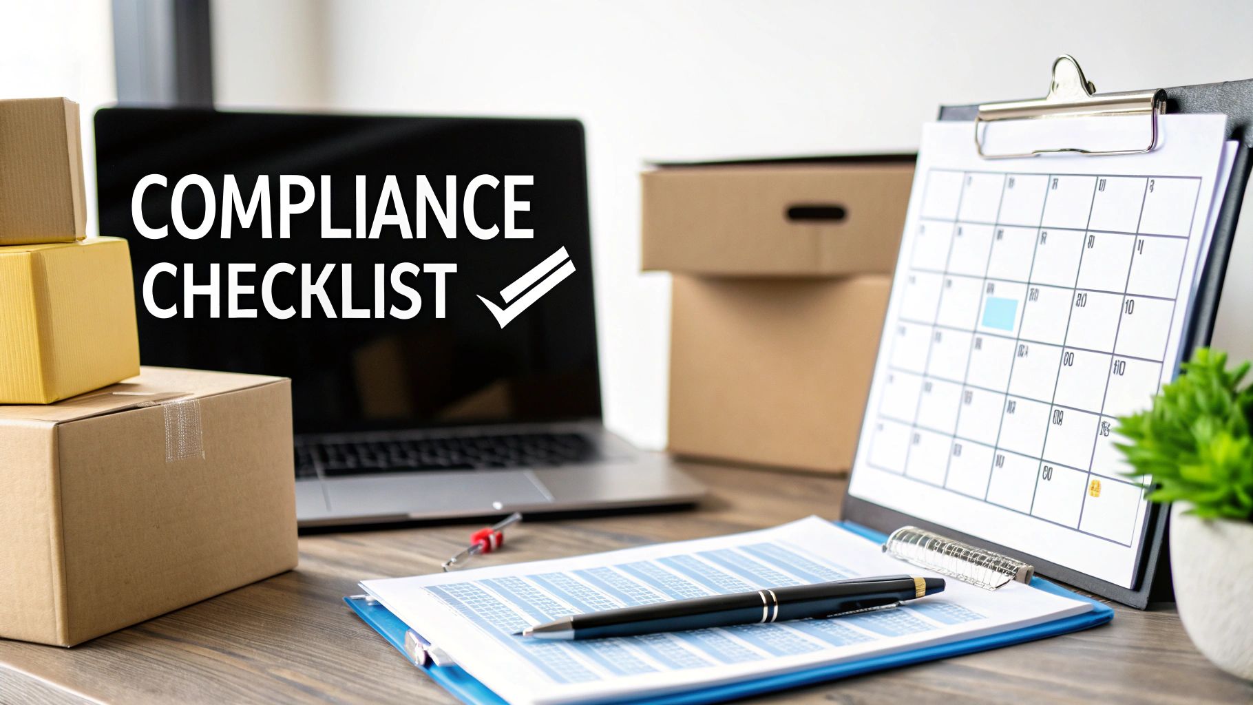 A desk setup featuring a laptop displaying a 'COMPLIANCE CHECKLIST', cardboard boxes, and a calendar.