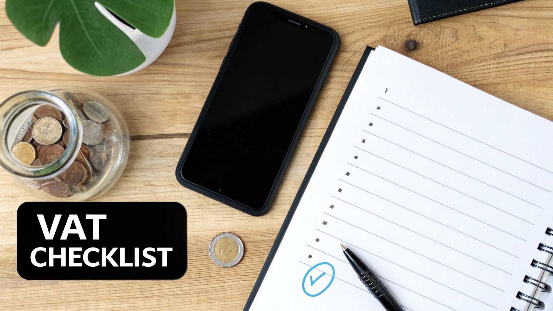 A person working at a desk with a laptop and a checklist, looking organized and in control.