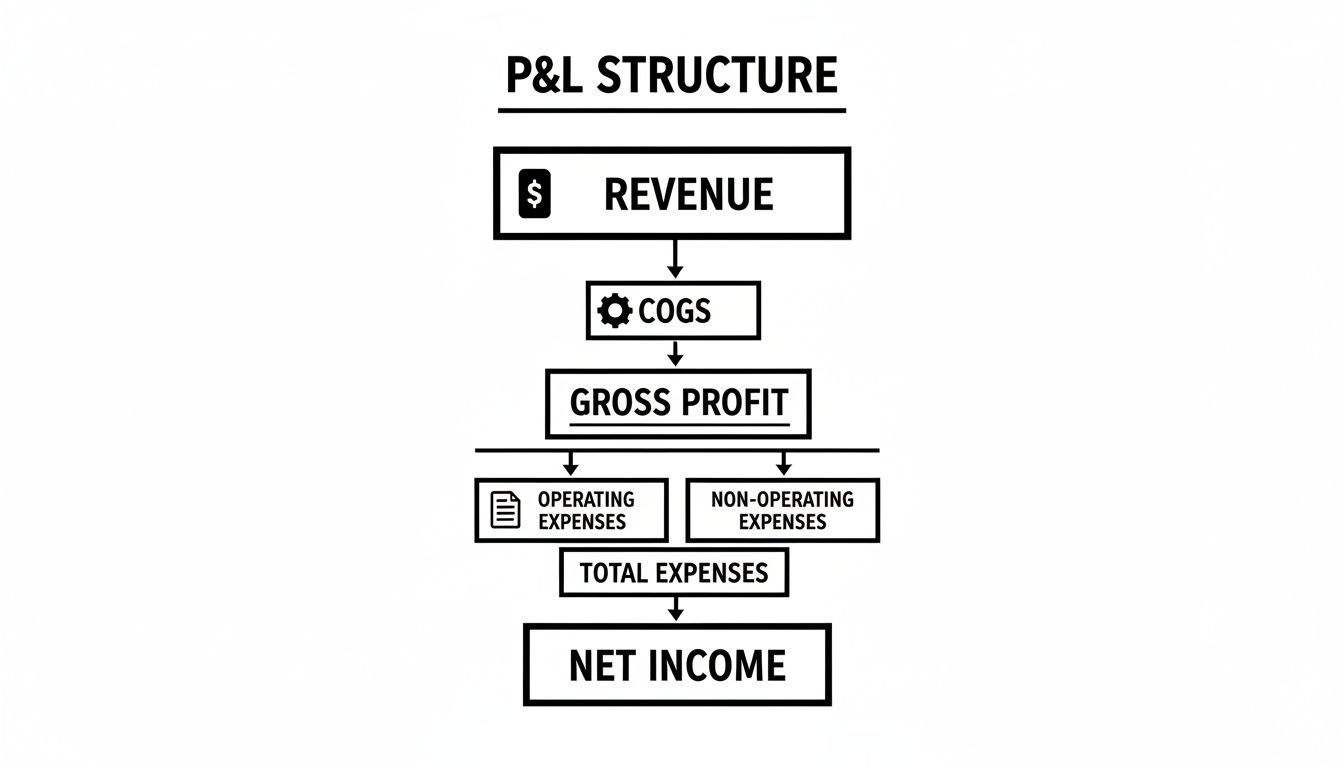 A flowchart diagram illustrating the P&L structure, showing revenue, COGS, gross profit, expenses, and net income.