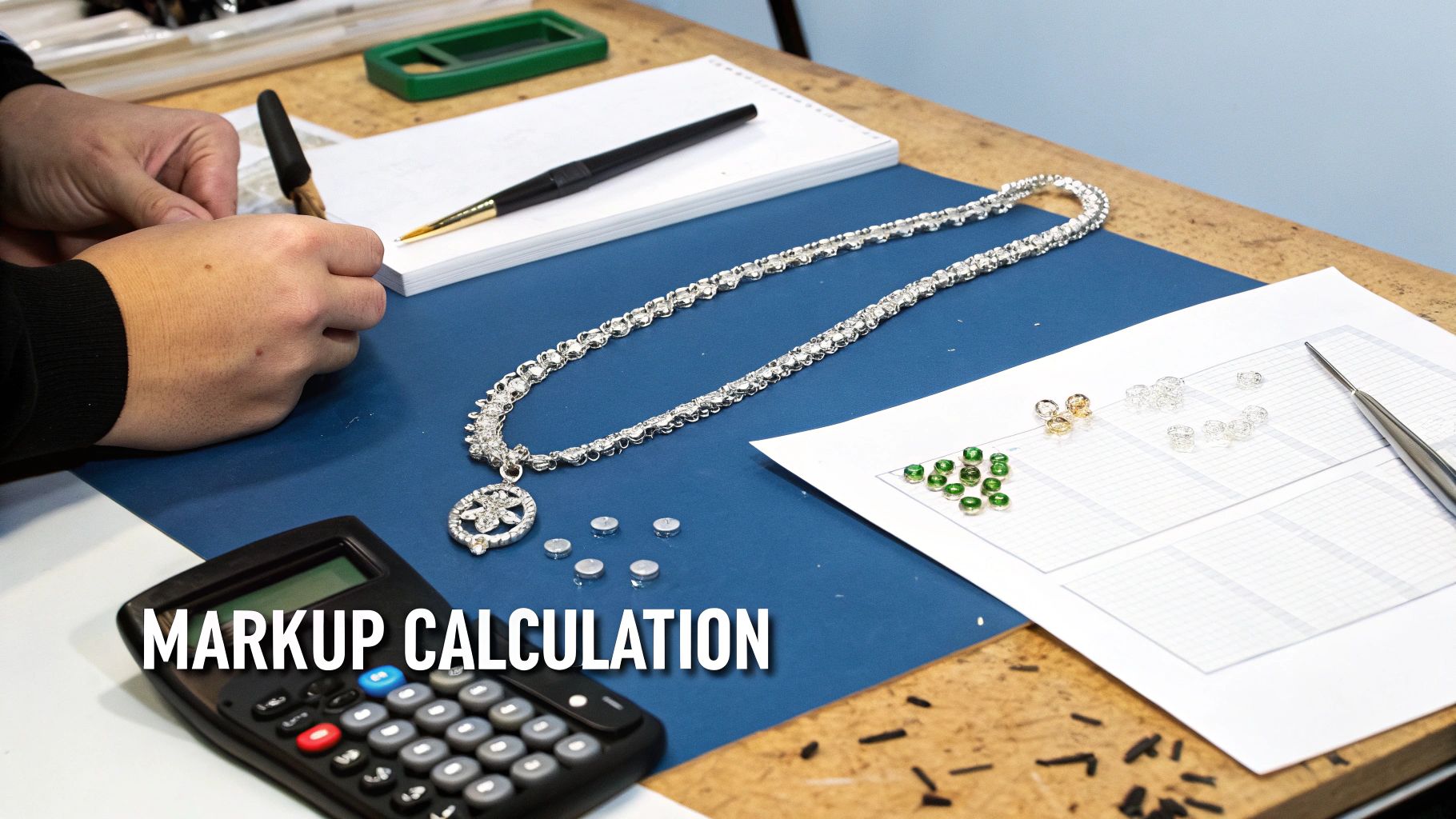 A small business owner using a calculator to figure out the markup on their products.