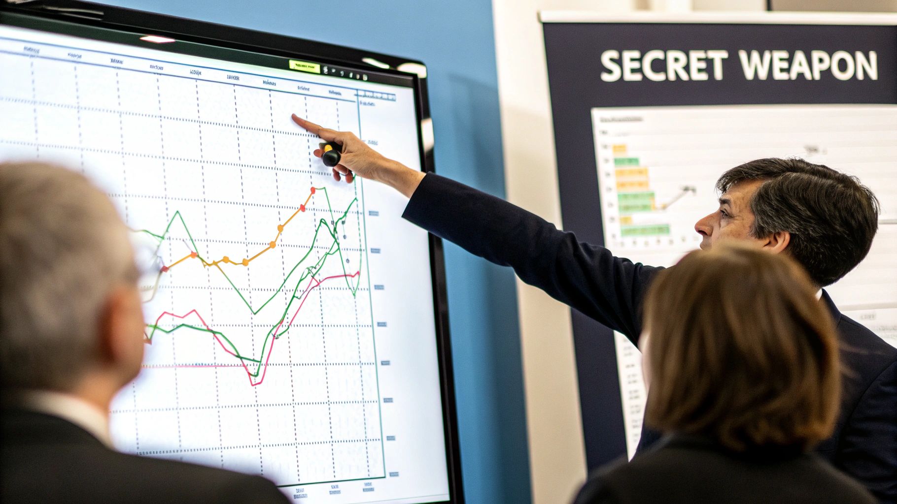 A team collaborating around a table, reviewing charts and data on a screen, symbolizing strategic decision-making.