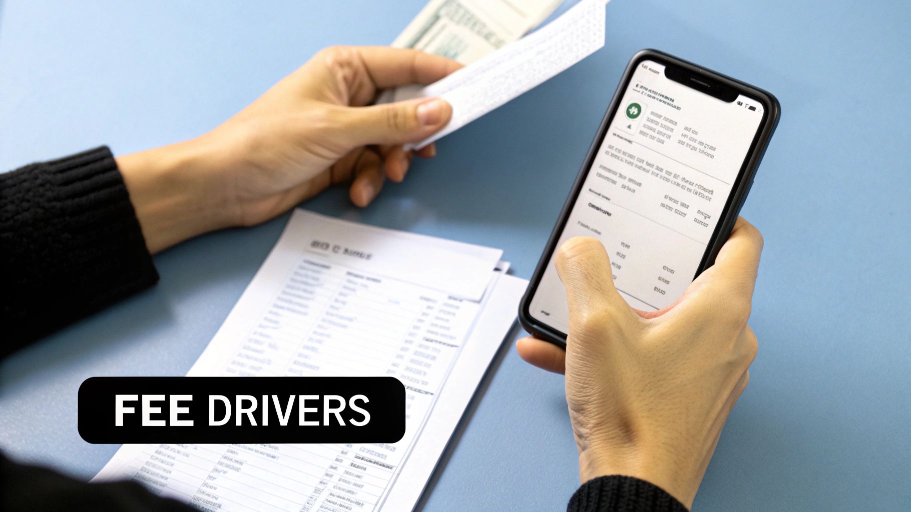 Person holding a smartphone with financial data, paper documents, and money on a blue table, highlighting fee drivers.