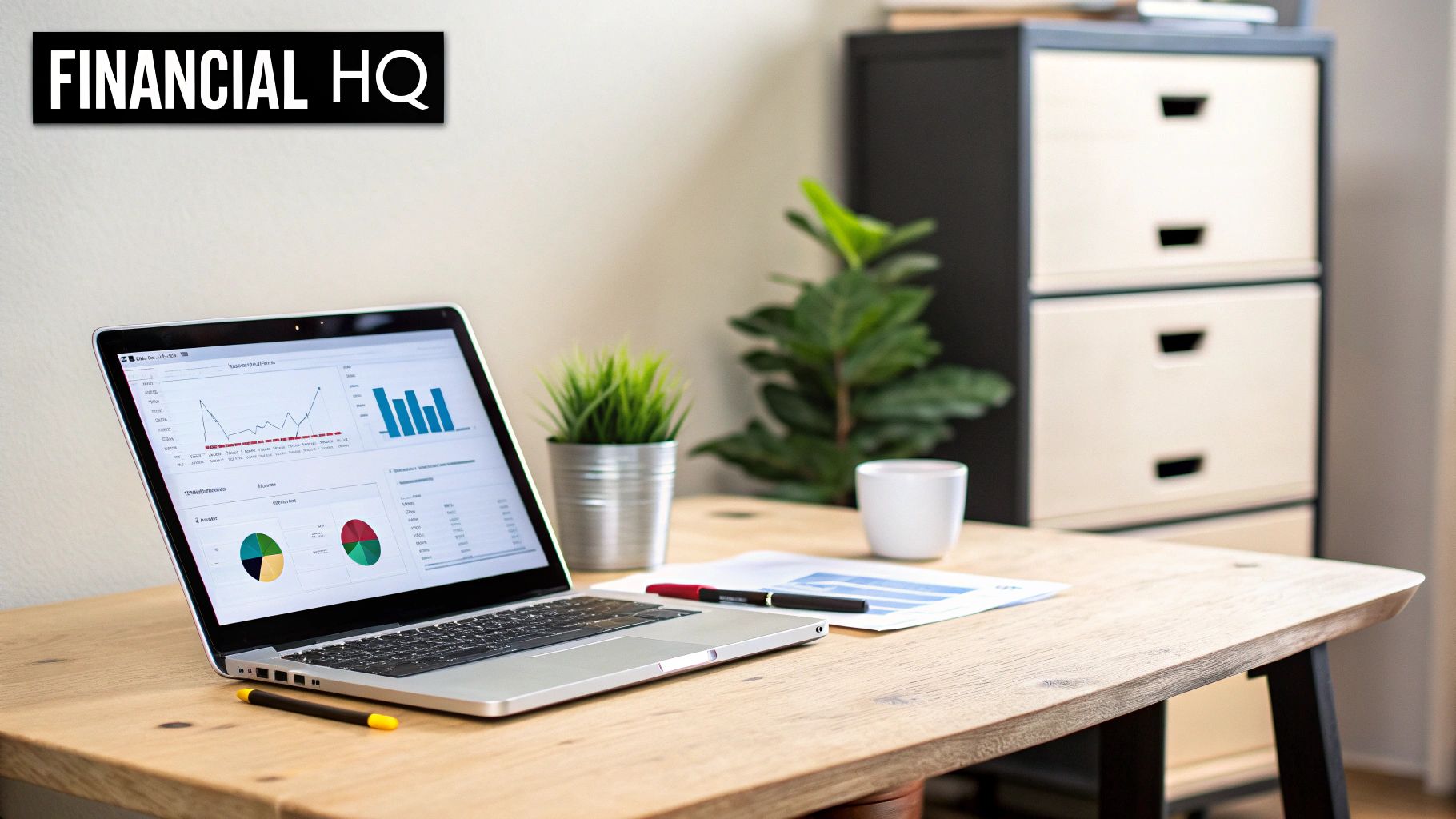 A laptop displaying financial data and charts on a wooden desk in an office setting.