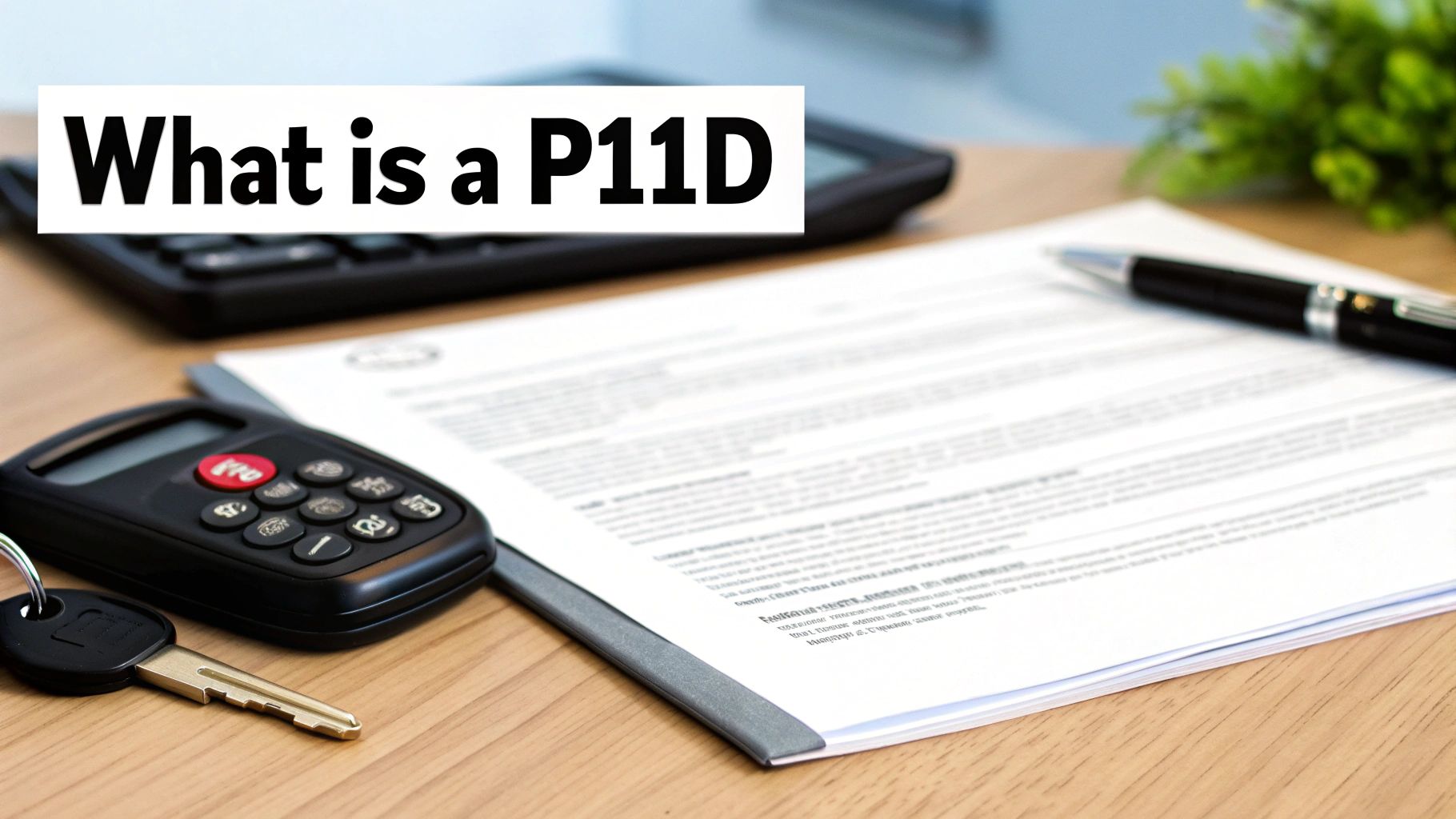 A desk with a calculator, car key, pen, and document with the question 'What is a P11D'.