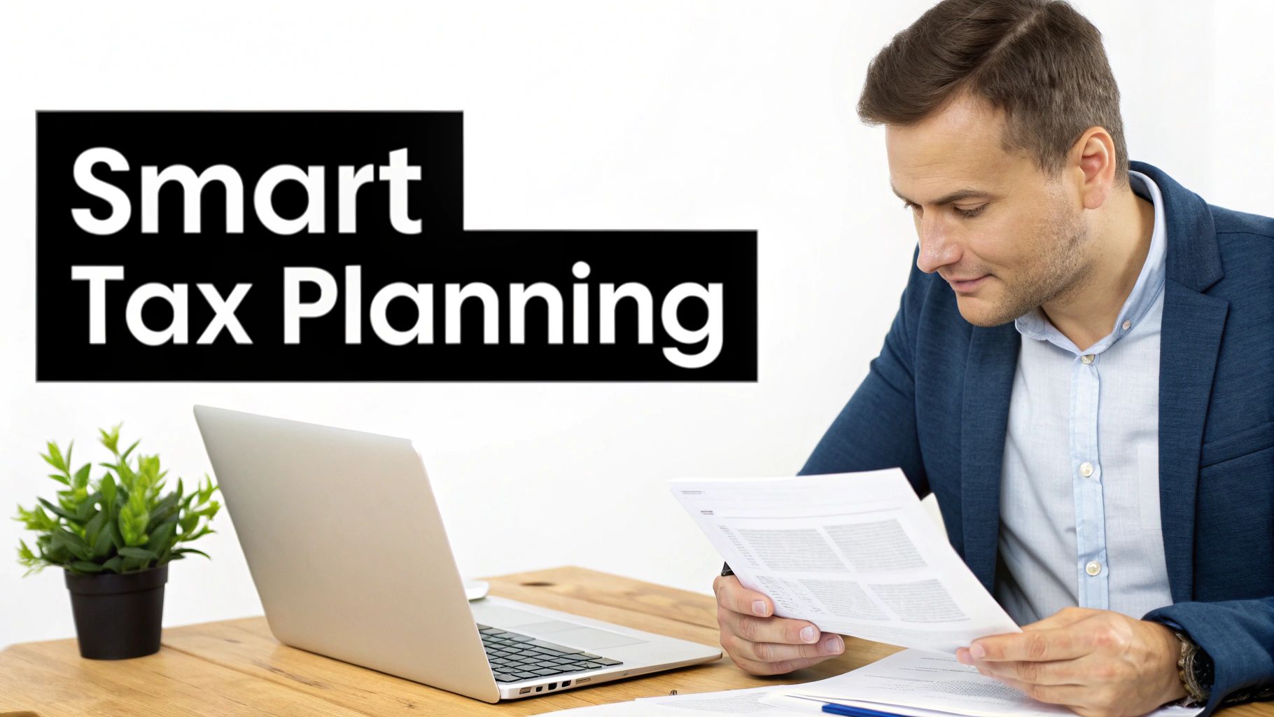 A man in a blue blazer reviewing documents at a desk with a laptop and plant, with text 'Smart Tax Planning'.