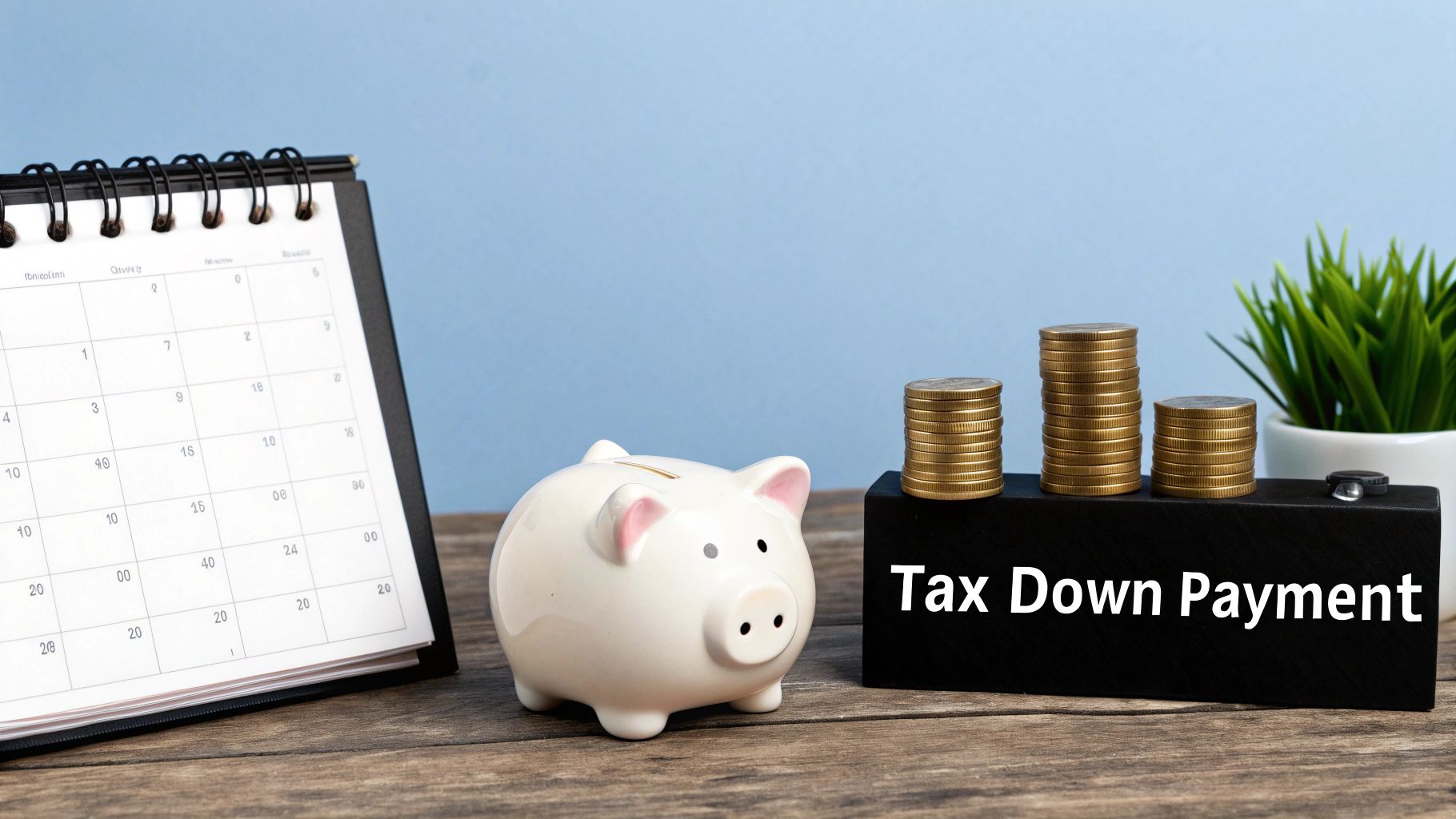 A calendar, a white piggy bank, and stacks of coins next to a block with 'Tax Down Payment' text.