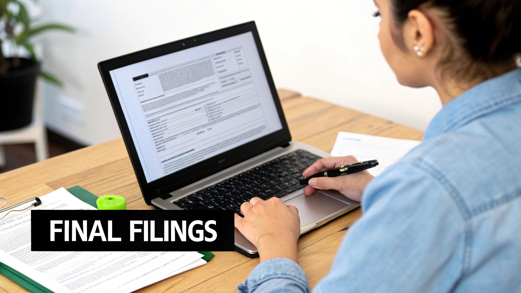 A person reviews final filings on a laptop and documents at a wooden desk.