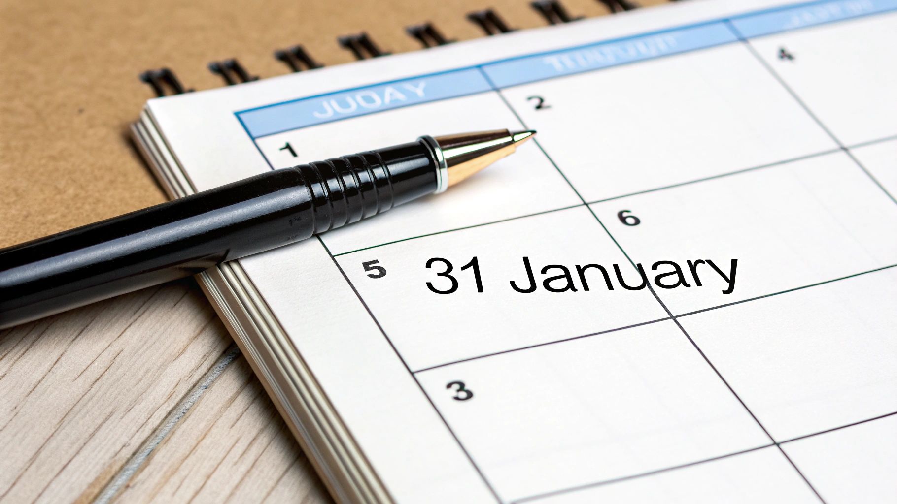 A close-up of a calendar page with a pen, showing “31 January” marked clearly.